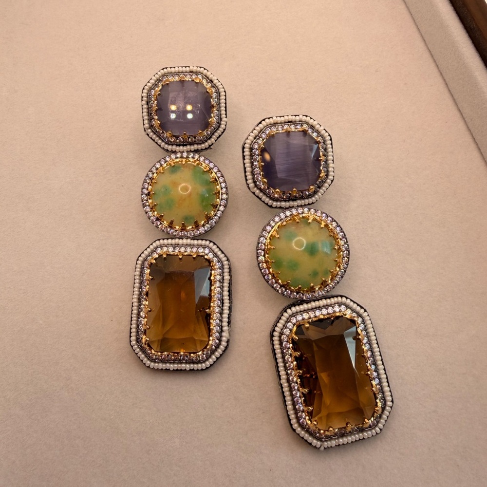 Sabyasachi Inspired Multi-Stone Drop Earrings in Purple, Green and Amber